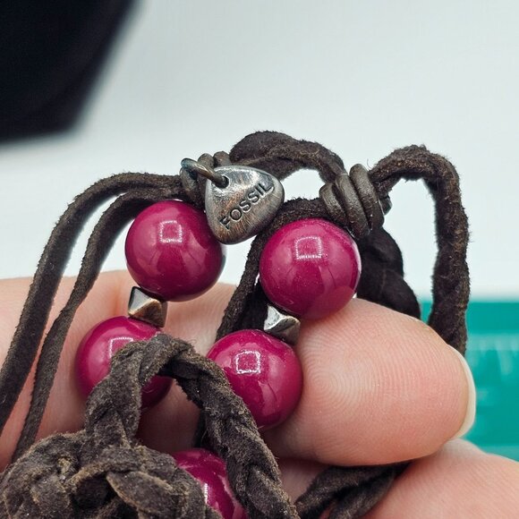 Fossil Braided Brown Cord Necklace With Large Pink Beads & Metal Accents - Picture 3 of 6